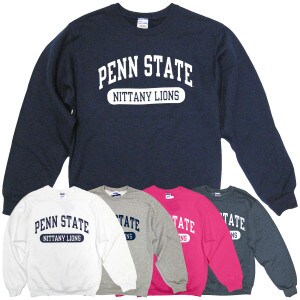 white, oxford, pink, heather blue, and navy crew neck sweatshirts with arched Penn State above Nittany Lions